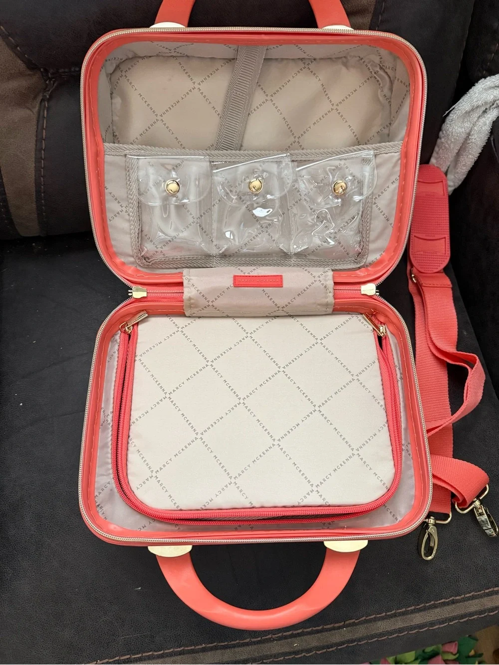 Hard case Quilted Coral Cosmetic Case with Gold Accents